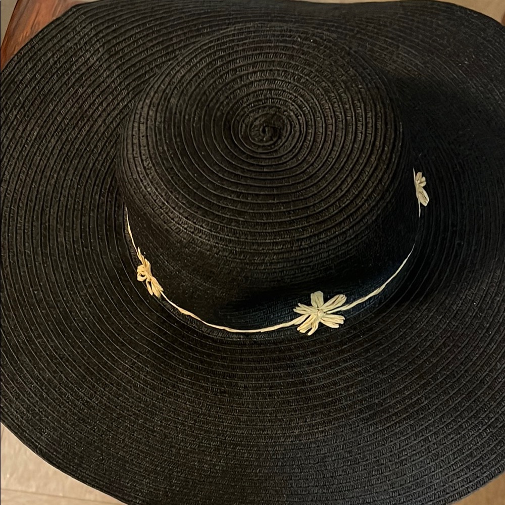 Black Wide-Brimmed Hat with brown floral  Accents